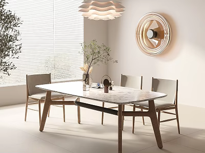 Modern Dining Table Set With Marble Top Wooden Chairs And Decorative Plant Vase 3d model