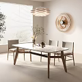 Modern Dining Table Set With Marble Top Wooden Chairs And Decorative Plant Vase