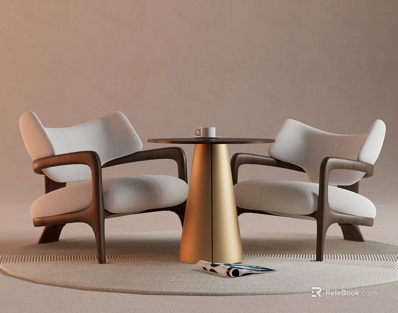 Upholstered Light Gray Chairs Golden Cone Base Table With Cup Magazine On Round Rug 3d model 