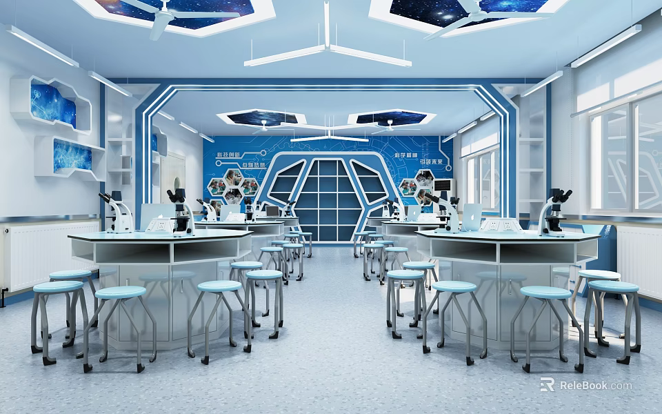 Modern Blue Laboratory Interior With Multiple Tables Microscopes Starry Ceiling And White Stools 3d model 