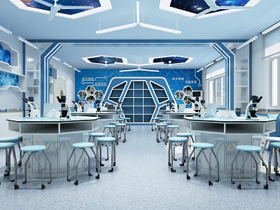 Modern Blue Laboratory Interior With Multiple Tables Microscopes Starry Ceiling And White Stools 3d model