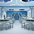 Modern Blue Laboratory Interior With Multiple Tables Microscopes Starry Ceiling And White Stools 3d model