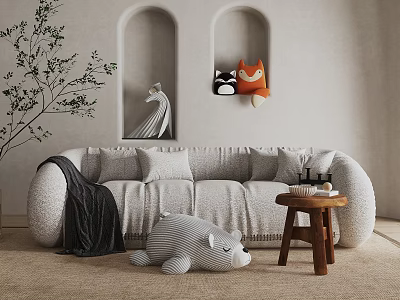 Gray Large Sofa with Pillows Throw Blanket Stuffed Bear Wooden Table and Arched Wall Decor 3d model