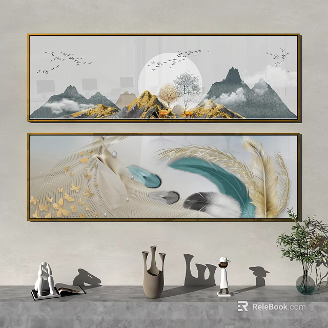 Modern Interior Wall Art With Landscape Moon Feather And Leaf Design 3d model