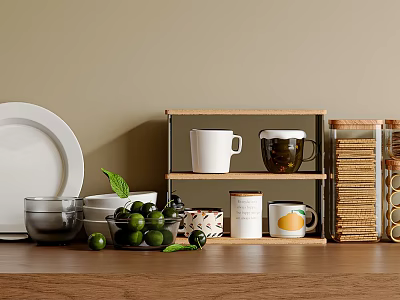Modern Dinnerware Set With White Plates Glass Bowls Mugs And Green Fruits On Wooden Shelf 3d model