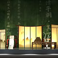 Chinese Traditional Decorative Screens with Calligraphy and Landscape Patterns on Green Background