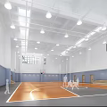 Indoor Basketball Gym Featuring Wooden Floor White And Blue Walls Ceiling Lights And Basketball Hoops