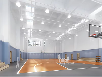 Indoor Basketball Gym Featuring Wooden Floor White And Blue Walls Ceiling Lights And Basketball Hoops 3d model