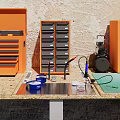 Functional Home Office Desk With Orange Drawer Cabinets Computer Monitor And Stone Worktop