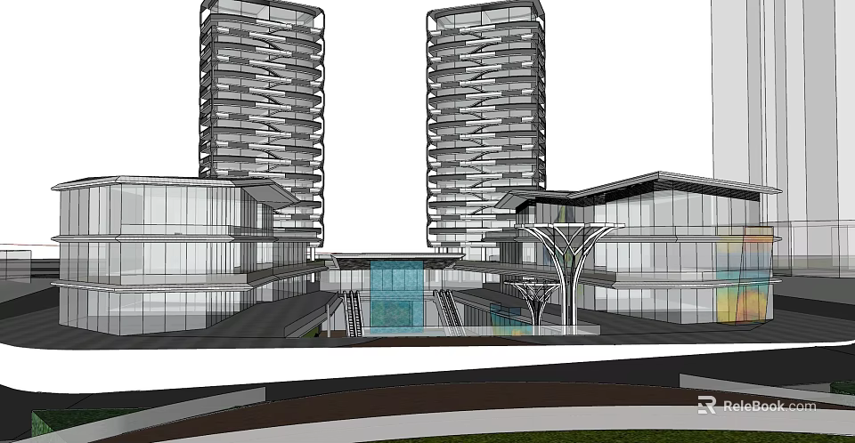 Modern Twin Tower Architecture With Glass Curtain Wall And Plaza Design 3d model 