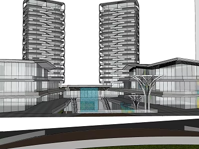 Modern Twin Tower Architecture With Glass Curtain Wall And Plaza Design 3d model