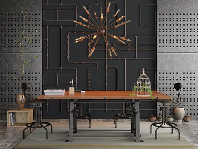Modern Desk With Wooden Top Metal Frame Gold Chandelier And Birdcage Decor 3d model
