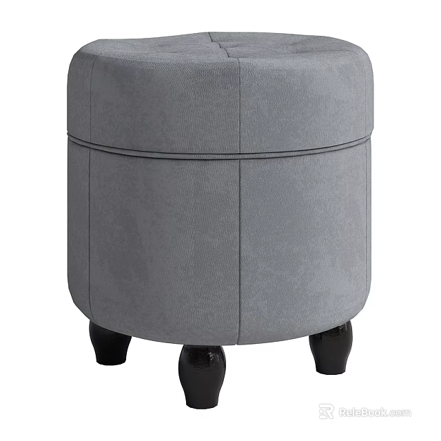 Modern Round Gray Upholstered Stool with Black Wooden Legs and Stitched Design 3d model 