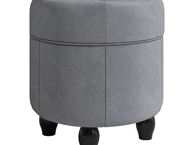 Modern Round Gray Upholstered Stool with Black Wooden Legs and Stitched Design 3d model