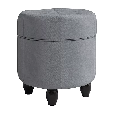 Modern Round Gray Upholstered Stool with Black Wooden Legs and Stitched Design 3d model