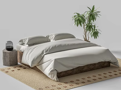 Comfortable Double Bed with White Bedspread Pillows Side Table and Green Plant on Patterned Rug 3d model