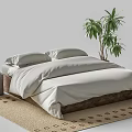 Comfortable Double Bed with White Bedspread Pillows Side Table and Green Plant on Patterned Rug 3d model