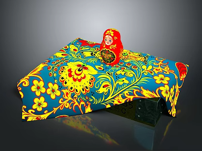 Table with Blue Yellow Floral Tablecloth and Traditional Red Matryoshka Doll 3d model