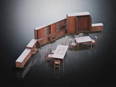 Classic Wooden Dining Table Set With Matching Chairs And Storage Cabinets 3d model