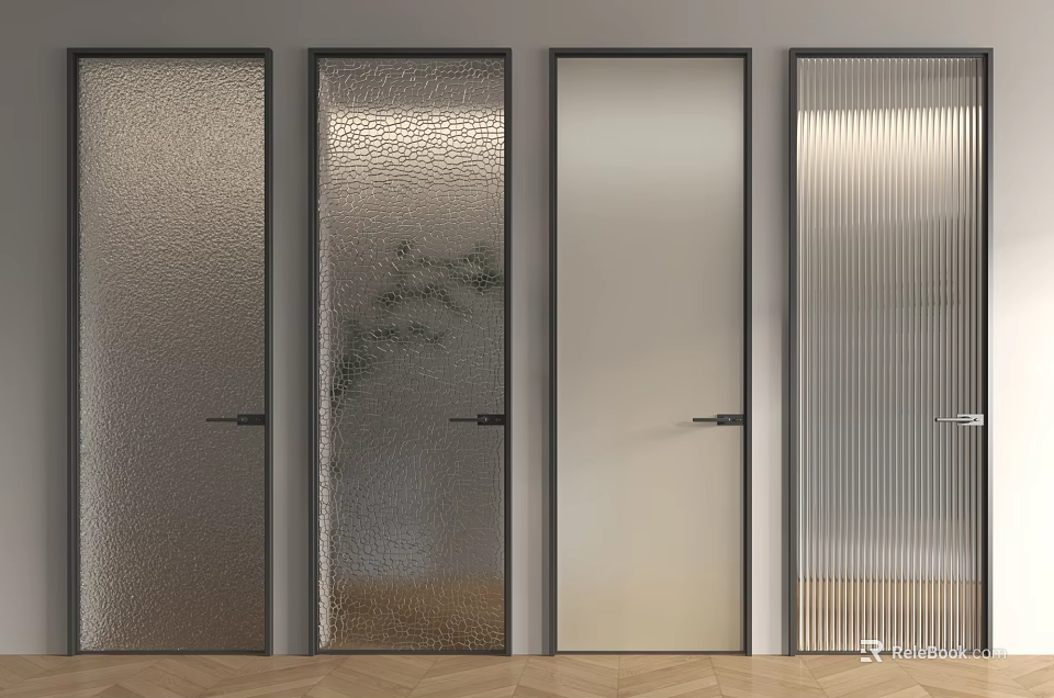 Modern Interior Swing Doors With Various Glass Textures And Black Frames 3d model