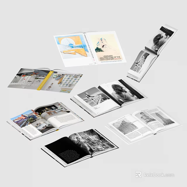 Open Magazines and Books Displaying Colorful Images Black White Photos and Text Content 3d model 