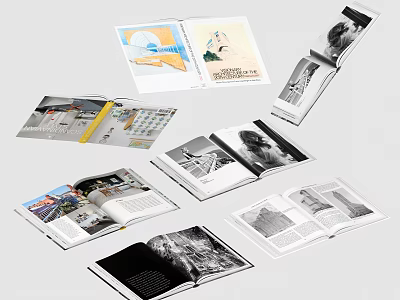 Open Magazines and Books Displaying Colorful Images Black White Photos and Text Content 3d model