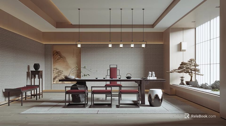 Traditional Chinese Tea Room Interior Design With Wooden Furniture Landscape Painting And Hanging Lamps 3d model 