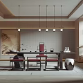 Traditional Chinese Tea Room Interior Design With Wooden Furniture Landscape Painting And Hanging Lamps