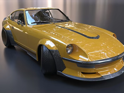Vintage Yellow Modified Car With Wide Body Black Stripes And Carbon Fiber Details 3d model