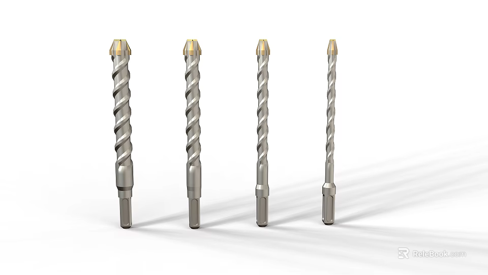 High Quality Metal Spiral Drill Bits With Golden Tips And Various Sizes Displayed 3d model 