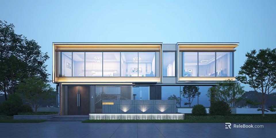 Semi Detached Villa Modern Exterior With Large Glass Windows Lighting Design And Landscaping 3d model 