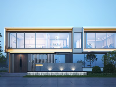 Semi Detached Villa Modern Exterior With Large Glass Windows Lighting Design And Landscaping 3d model