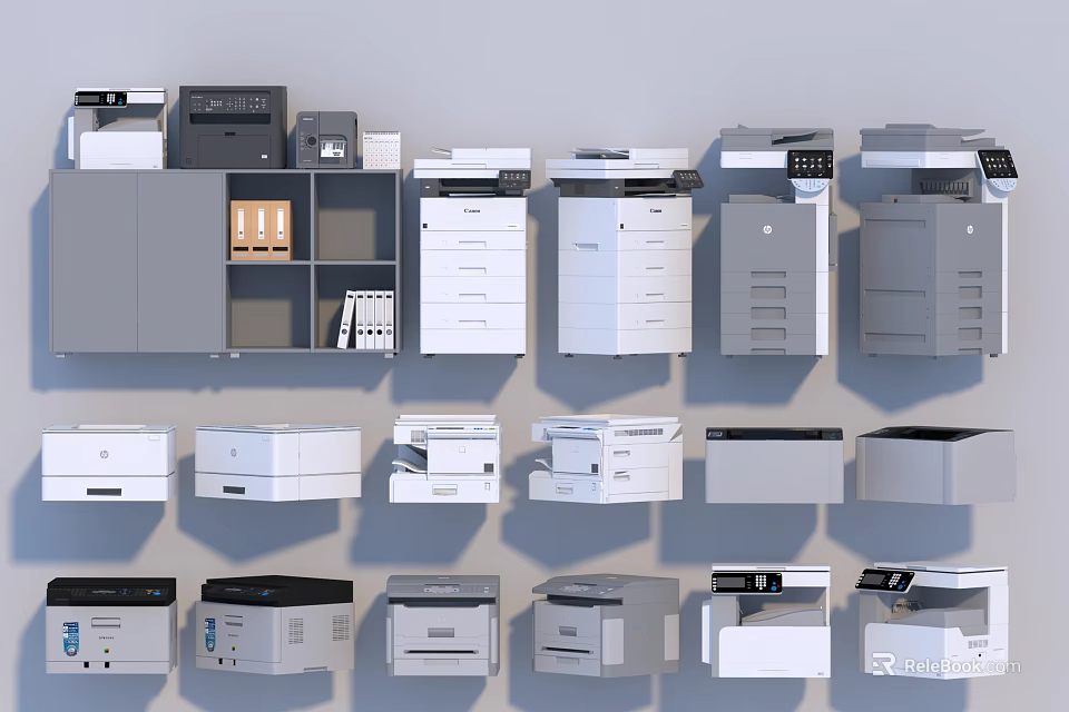 Public Facilities With Various Office Printers And Copiers Arranged On Shelves 3d model 