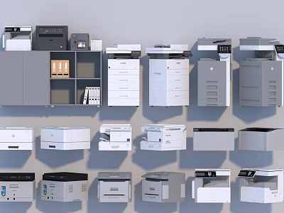 Public Facilities With Various Office Printers And Copiers Arranged On Shelves 3d model