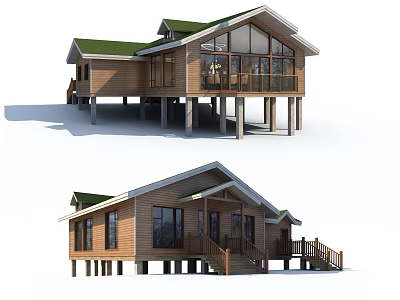 Modern Wooden House With Green Roof Large Glass Windows And Porch 3d model