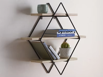Geometric Wall-Mounted Shelves with Black Metal Frame Wooden Shelves Holding Books Potted Plant Decorative Jar 3d model