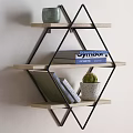 Geometric Wall-Mounted Shelves with Black Metal Frame Wooden Shelves Holding Books Potted Plant Decorative Jar