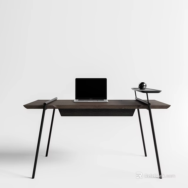 Modern Wooden Desk With Black Frame Laptop And Side Shelf Decorative Ball 3d model 