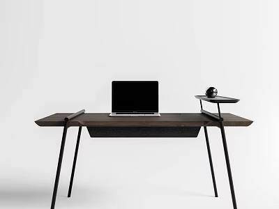 Modern Wooden Desk With Black Frame Laptop And Side Shelf Decorative Ball 3d model