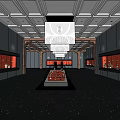 Elegant Exhibition Hall Interior Featuring Red Display Cases Central Stand And Wooden Ceiling