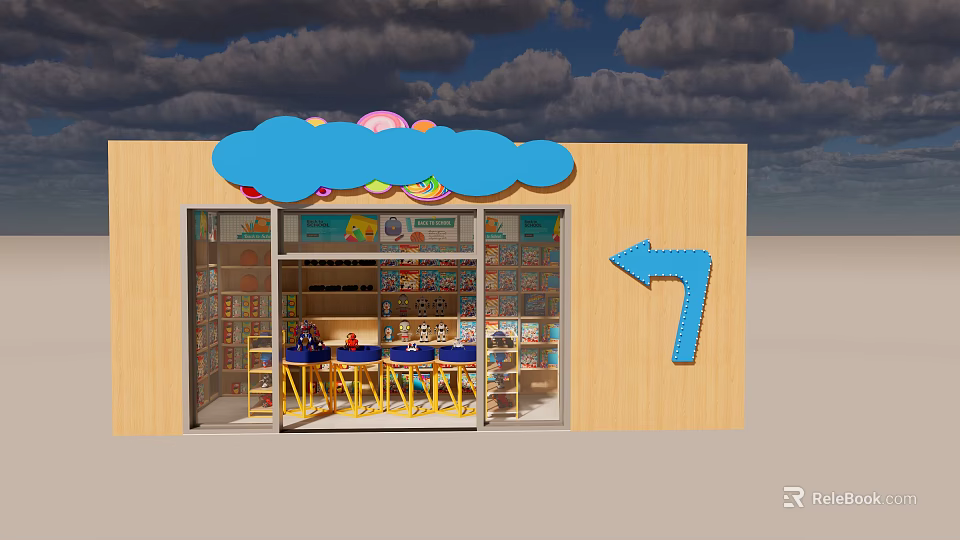 Colorful Toy and Gift Shop with Cloud Shaped Sign Arrow and Shelves of Gifts 3d model 