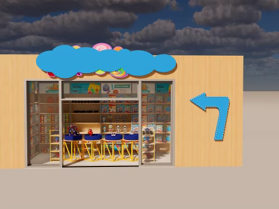Colorful Toy and Gift Shop with Cloud Shaped Sign Arrow and Shelves of Gifts 3d model