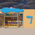Colorful Toy and Gift Shop with Cloud Shaped Sign Arrow and Shelves of Gifts