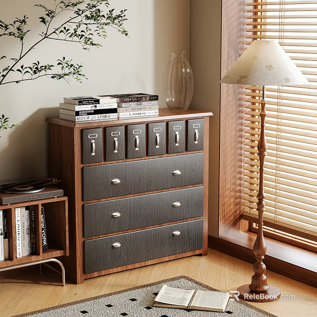 Wooden Storage Cabinet in Bright Living Room Interior with Drawers Books And Glass Vase 3d model 