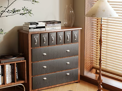 Wooden Storage Cabinet in Bright Living Room Interior with Drawers Books And Glass Vase 3d model