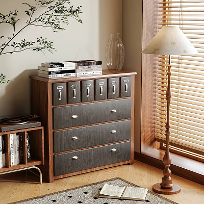 Wooden Storage Cabinet in Bright Living Room Interior with Drawers Books And Glass Vase 3d model