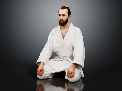 Man In White Judo Uniform Sitting Cross Legged On Dark Background With Beard 3d model