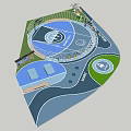 Children's Play Area With Blue Circular Basketball Court Health Theme Green Plants And Fence