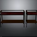 Dark Red Glass Top Side Tables With Two Tier Shelves And Wooden Frame Set