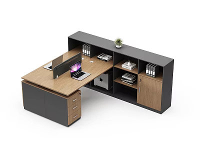 Modern Office Desk With Wooden Desktop Black Frame Laptop Small Plant And File Shelves 3d model